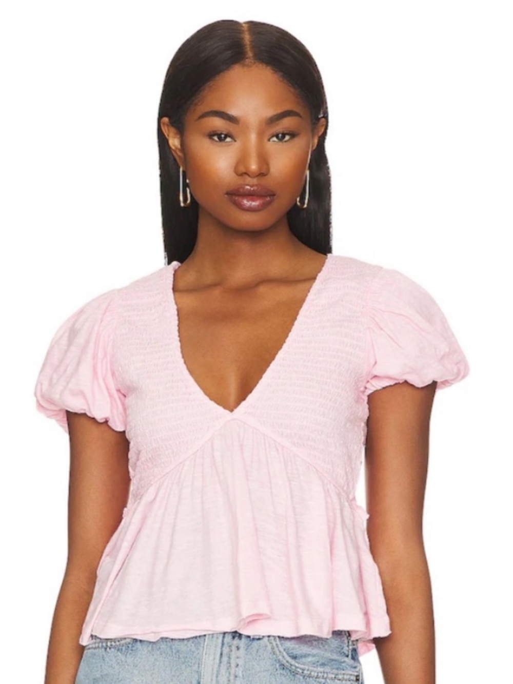 Free People Charlotte Smocked V-Neck Top - Pale Pink